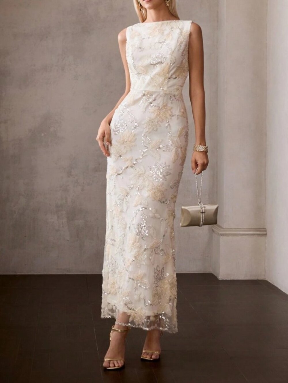 Cream Sequin Floral Sheath Maxi Dress with Boat Neck
